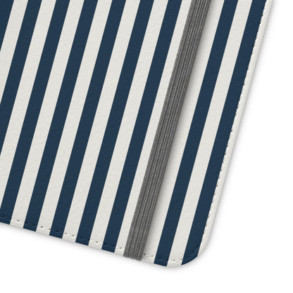 Navy Blue Stripes Flip Phone Case Cover with Pockets