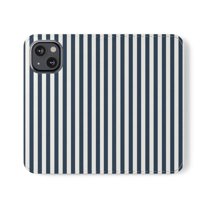 Navy Blue Stripes Flip Phone Case Cover with Pockets