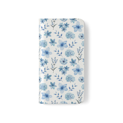 Snowy Blue Flowers Flip Phone Case Cover with Pockets