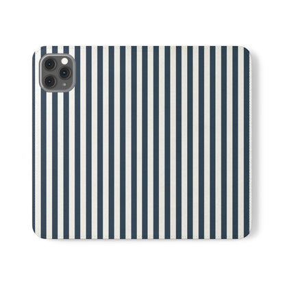 Navy Blue Stripes Flip Phone Case Cover with Pockets