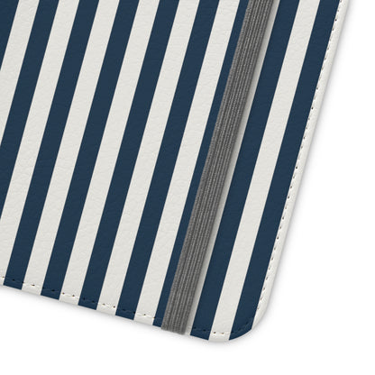 Navy Blue Stripes Flip Phone Case Cover with Pockets