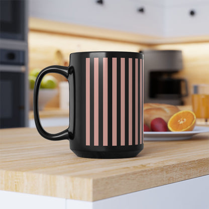 Coral Pink Stripes Black Mug Cool Summer Coffee Mug Tea Cup Spring Ceramic Mug