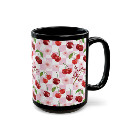 Cherry Checkerboard Black Mug Cool Summer Coffee Mug Tea Cup Spring Ceramic Mug