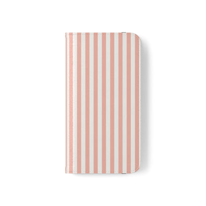 Coral Pink Stripes Flip Phone Case Cover with Pockets