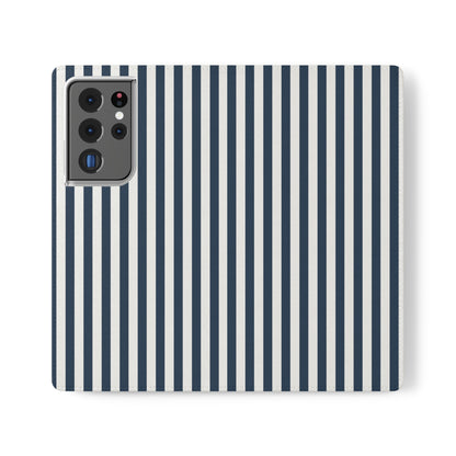 Navy Blue Stripes Flip Phone Case Cover with Pockets