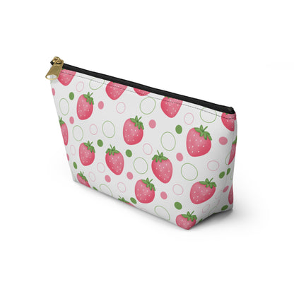 Pink Strawberry Bubbles Accessory Pouch with T-bottom Coquette Strawberries Pouch for Makeup Small Bag for School Supplies Cute Summer Zipper Pouch