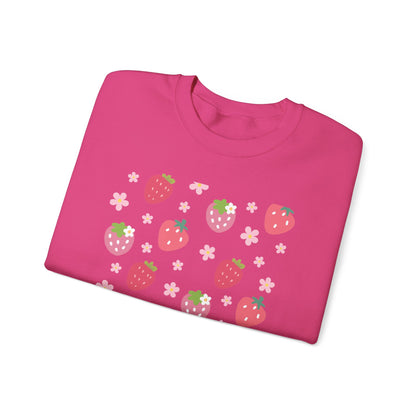 Strawberries and Daisies Crewneck Sweatshirt Cute Casual Strawberry Sweater Pink and Red Fruit Floral Daisy - Sweatshirt - Printify - Kristine Celestine