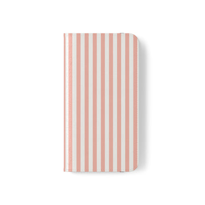 Coral Pink Stripes Flip Phone Case Cover with Pockets