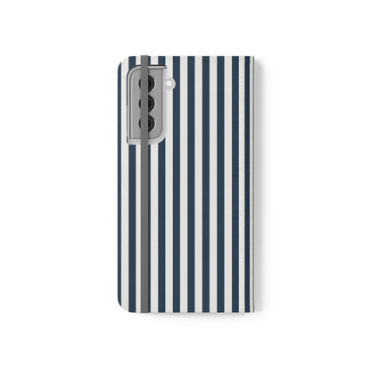 Navy Blue Stripes Flip Phone Case Cover with Pockets