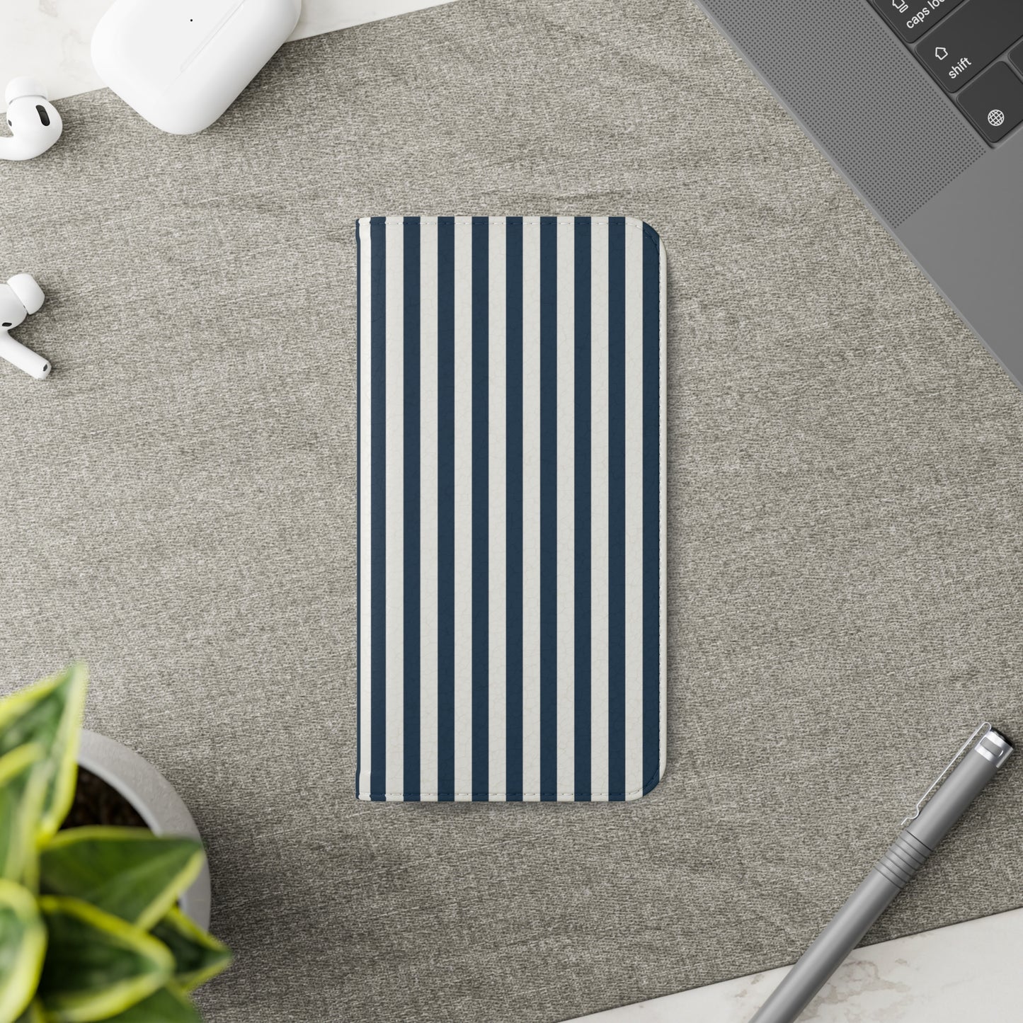 Navy Blue Stripes Flip Phone Case Cover with Pockets