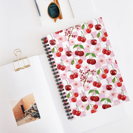 Cherry Checkerboard Spiral Notebook 6x8" Red Cherries Pink and White Coquette Journal Spring Notebook