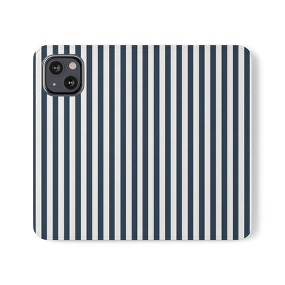 Navy Blue Stripes Flip Phone Case Cover with Pockets