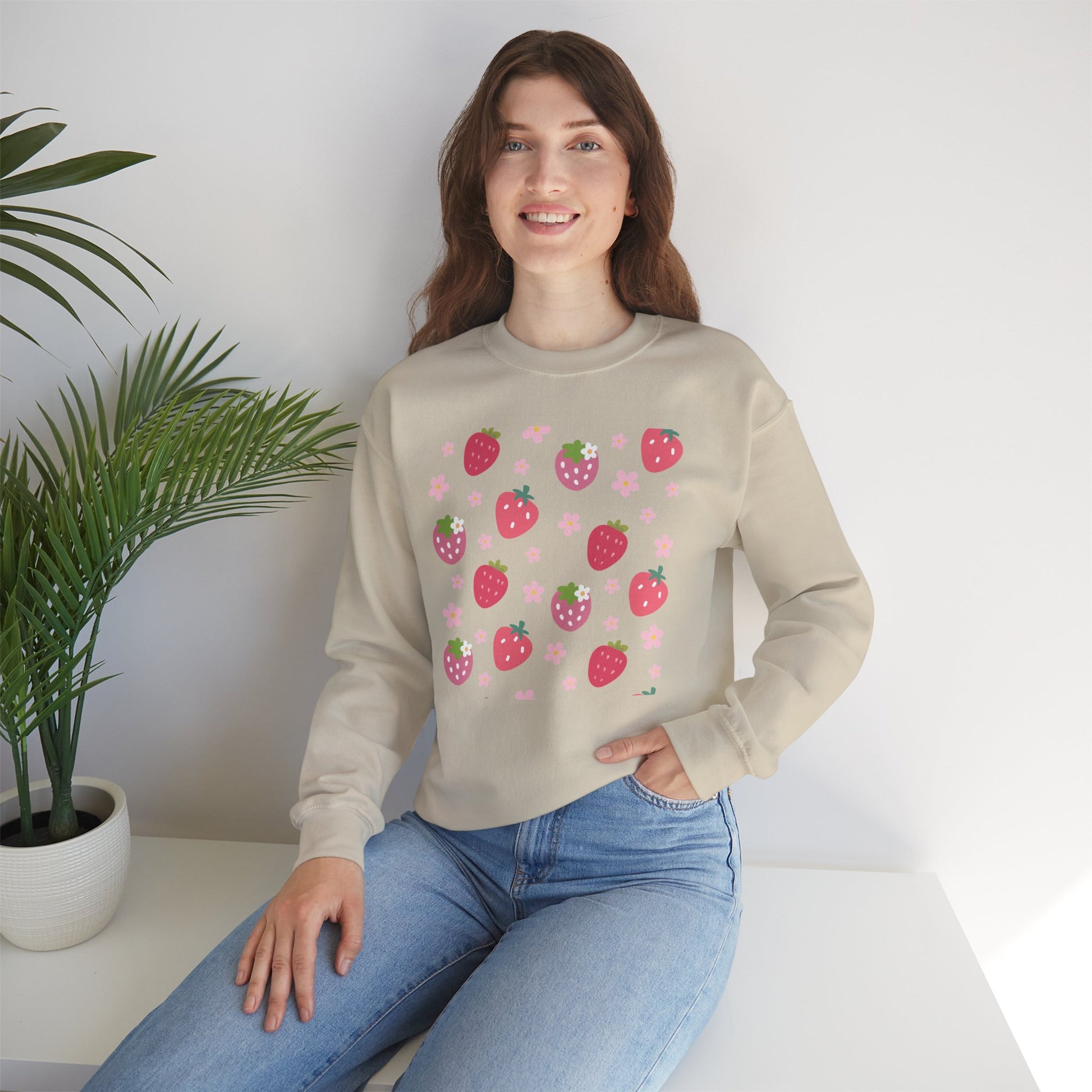 Strawberries and Daisies Crewneck Sweatshirt Cute Casual Strawberry Sweater Pink and Red Fruit Floral Daisy - Sweatshirt - Printify - Kristine Celestine