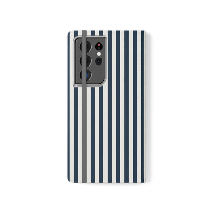 Navy Blue Stripes Flip Phone Case Cover with Pockets