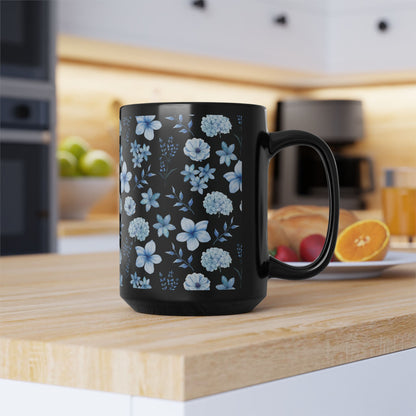 Snowy Blue Flowers Black Mug Cool Summer Coffee Mug Tea Cup Spring Ceramic Mug