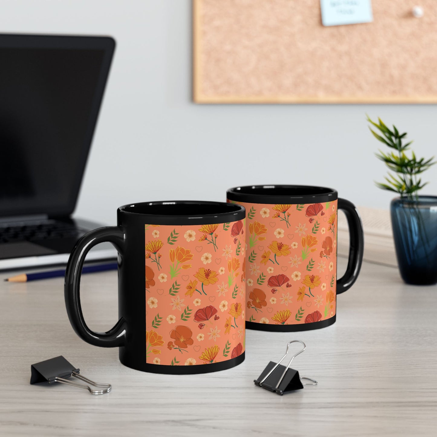 Coral Peach Meadow Black Mug Cool Summer Flower Coffee Mug Floral Tea Cup Spring Ceramic Mug