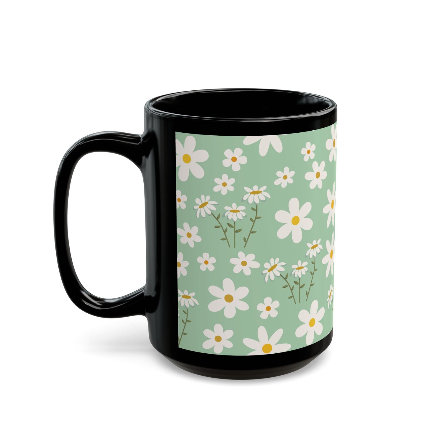 Mint Daisy Delight Black Mug Cool Summer Coffee Mug Tea Cup Spring Ceramic Mug