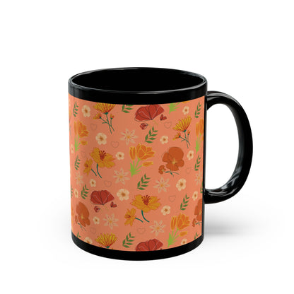 Coral Peach Meadow Black Mug Cool Summer Flower Coffee Mug Floral Tea Cup Spring Ceramic Mug