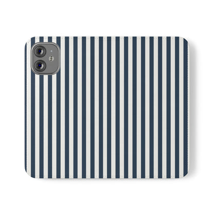 Navy Blue Stripes Flip Phone Case Cover with Pockets