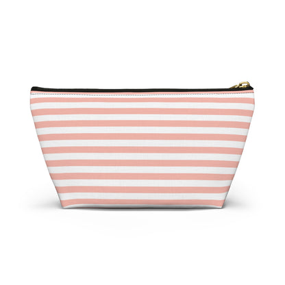 Pretty Coral Pink Stripes Accessory Pouch with T-bottom Classic Pink and White Pouch for Makeup Small Bag for School Supplies Striped Zipper Pouch