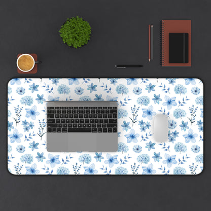 Snowy Blue Flowers Desk Mat Floral Winter Blue Computer Mat Watercolor Flowers Office Mat