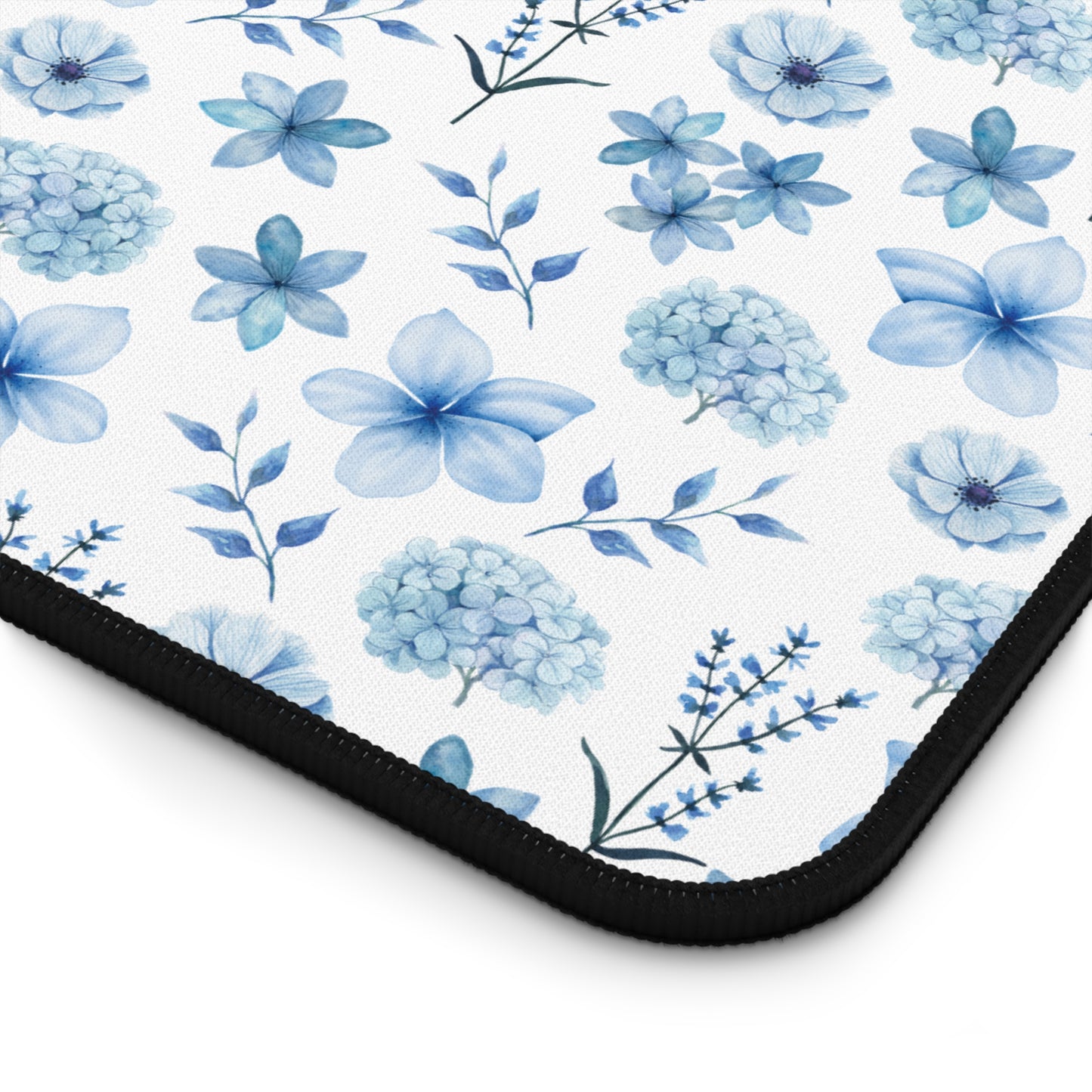 Snowy Blue Flowers Desk Mat Floral Winter Blue Computer Mat Watercolor Flowers Office Mat