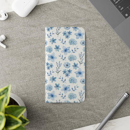 Snowy Blue Flowers Flip Phone Case Cover with Pockets