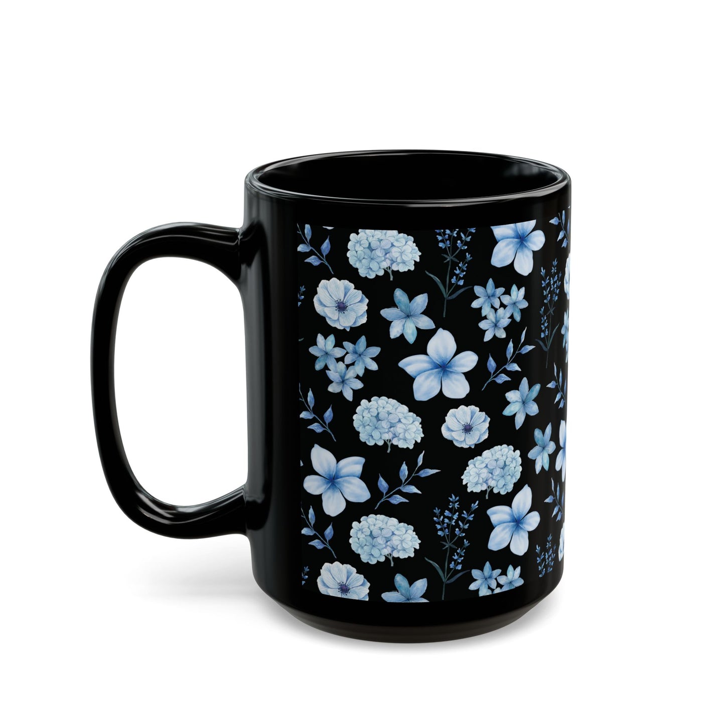 Snowy Blue Flowers Black Mug Cool Summer Coffee Mug Tea Cup Spring Ceramic Mug