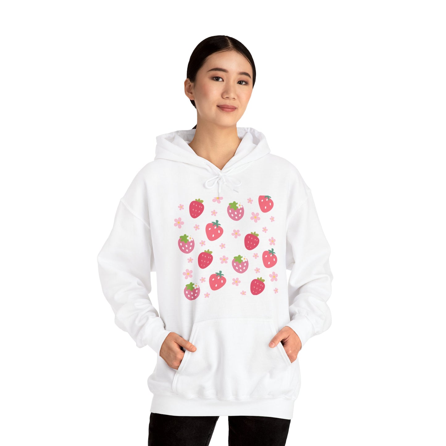 Strawberries and Daisies Hoodie Cute Strawberry Fruit Hooded Sweatshirt Pink and Red Strawberry Daisy - Hoodie - Kristine Celestine