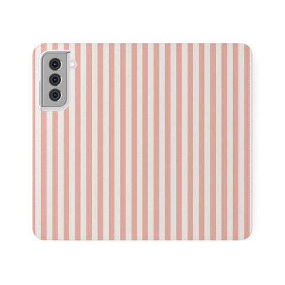 Coral Pink Stripes Flip Phone Case Cover with Pockets