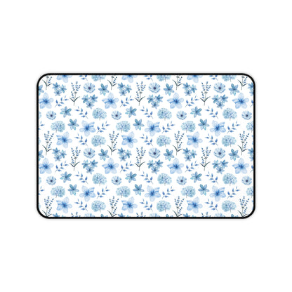 Snowy Blue Flowers Desk Mat Floral Winter Blue Computer Mat Watercolor Flowers Office Mat