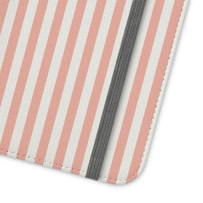 Coral Pink Stripes Flip Phone Case Cover with Pockets