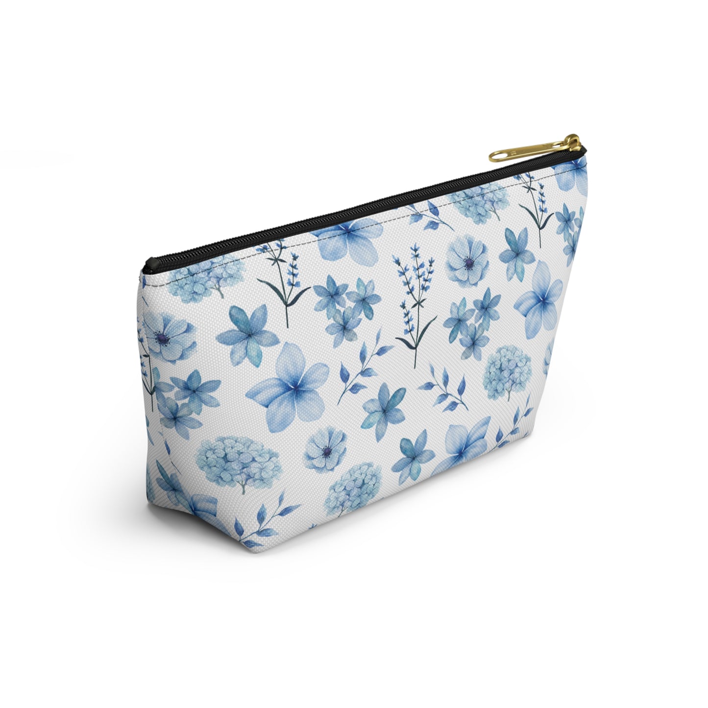 Snowy Blue Flowers Accessory Pouch with T-bottom Pretty Blue and White Flower Pouch for Makeup Small Bag for School Supplies Floral Winter Zipper Pouch