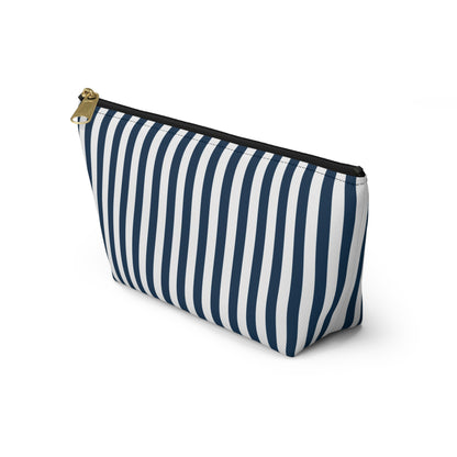 Navy Blue Stripes Accessory Pouch with T-bottom Classic Royal Blue and White Pouch for Makeup Small Bag for School Supplies Striped Zipper Pouch