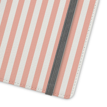 Coral Pink Stripes Flip Phone Case Cover with Pockets