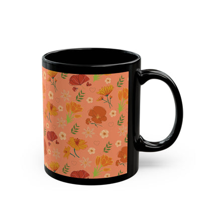 Coral Peach Meadow Black Mug Cool Summer Flower Coffee Mug Floral Tea Cup Spring Ceramic Mug