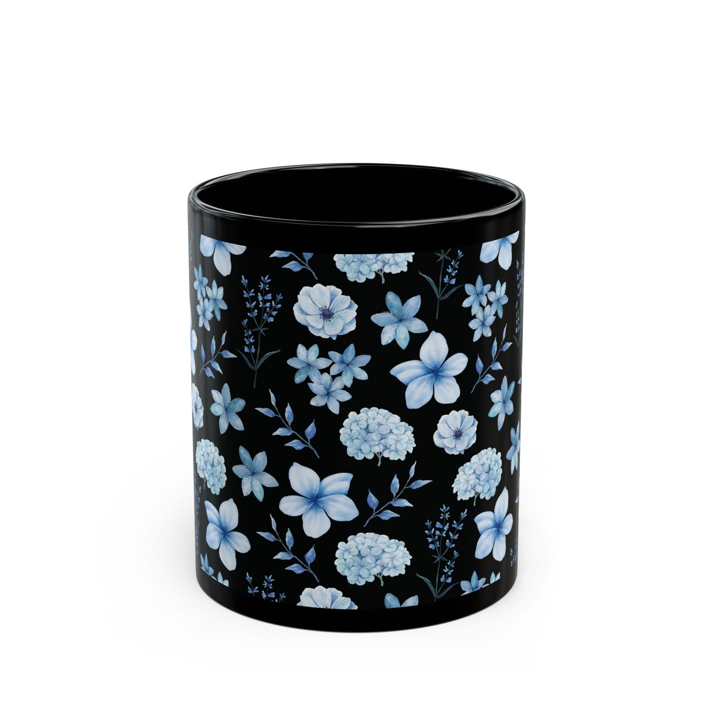 Snowy Blue Flowers Black Mug Cool Summer Coffee Mug Tea Cup Spring Ceramic Mug