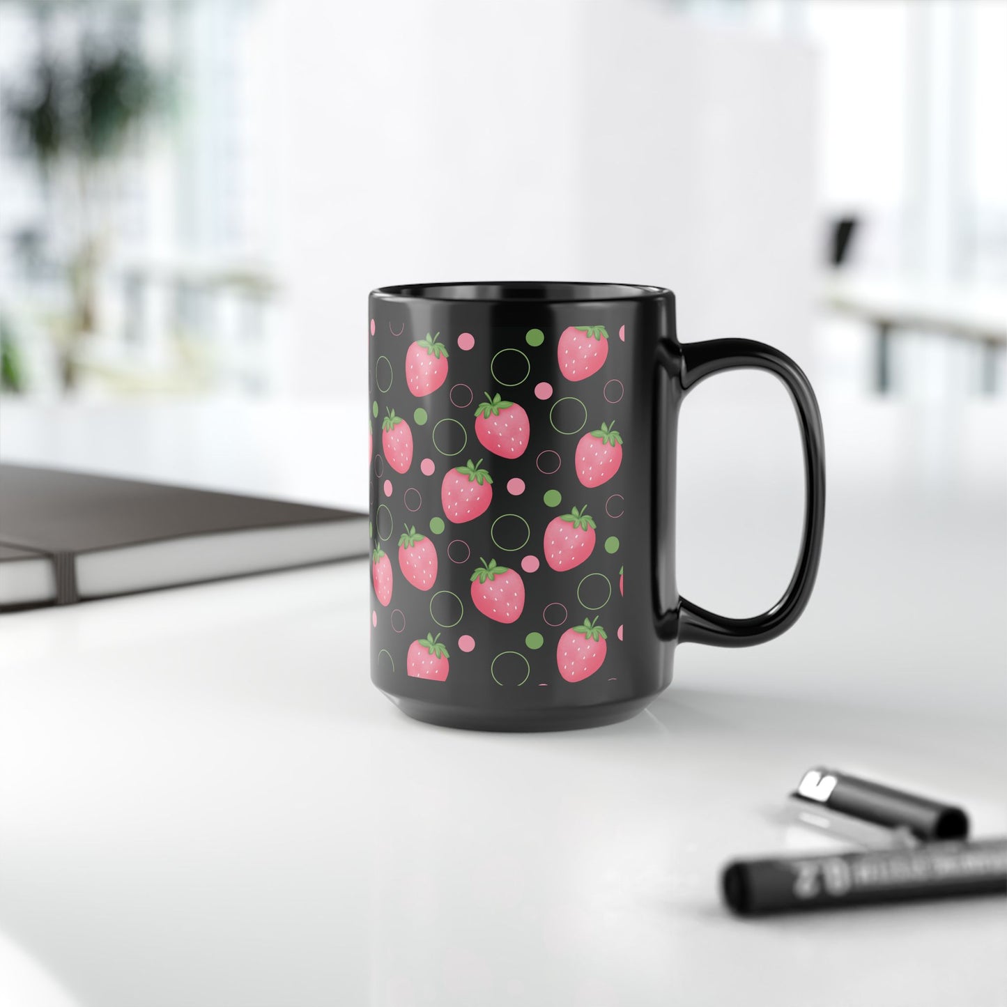 Pink Strawberry Black Mug Cool Summer Coffee Mug Tea Cup Spring Ceramic Mug