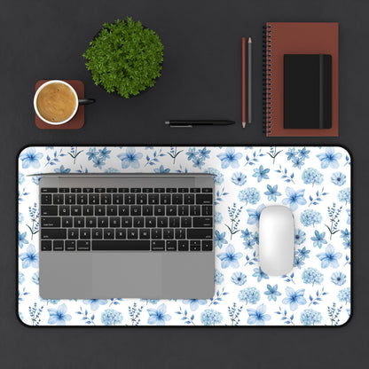 Snowy Blue Flowers Desk Mat Floral Winter Blue Computer Mat Watercolor Flowers Office Mat