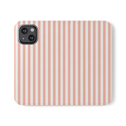 Coral Pink Stripes Flip Phone Case Cover with Pockets