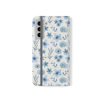 Snowy Blue Flowers Flip Phone Case Cover with Pockets - Phone Case - Kristine Celestine