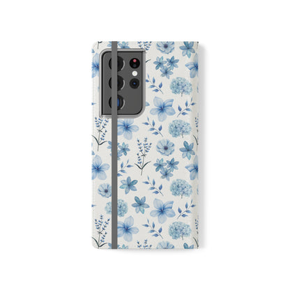 Snowy Blue Flowers Flip Phone Case Cover with Pockets - Phone Case - Kristine Celestine