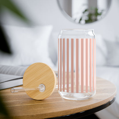 Coral Pink Stripes Sipper Glass 16 oz