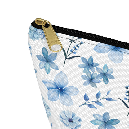 Snowy Blue Flowers Accessory Pouch with T-bottom Pretty Blue and White Flower Pouch for Makeup Small Bag for School Supplies Floral Winter Zipper Pouch