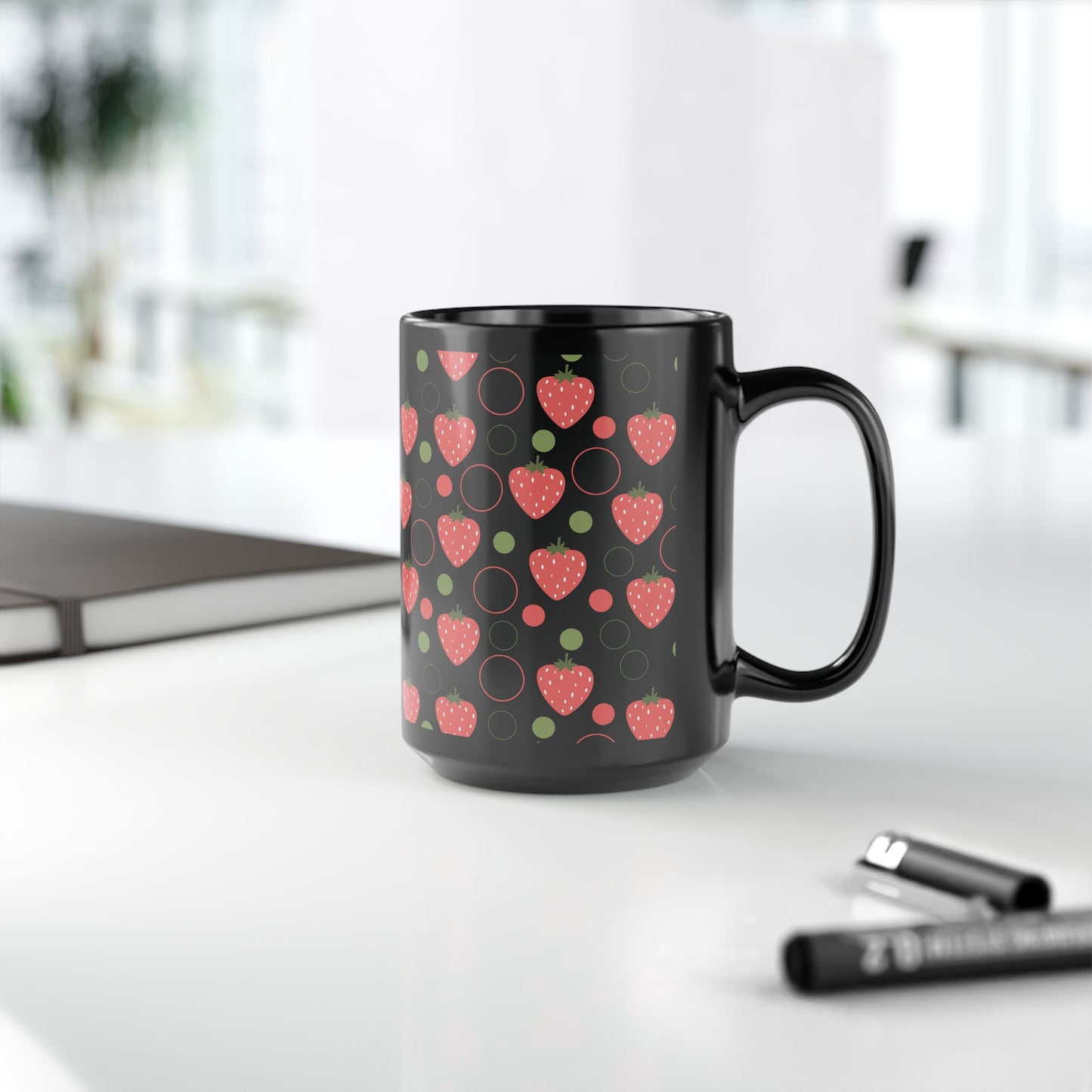 Red Strawberry Bubbles Black Mug Cool Summer Coffee Mug Tea Cup Spring Ceramic Mug