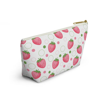 Pink Strawberry Bubbles Accessory Pouch with T-bottom Coquette Strawberries Pouch for Makeup Small Bag for School Supplies Cute Summer Zipper Pouch