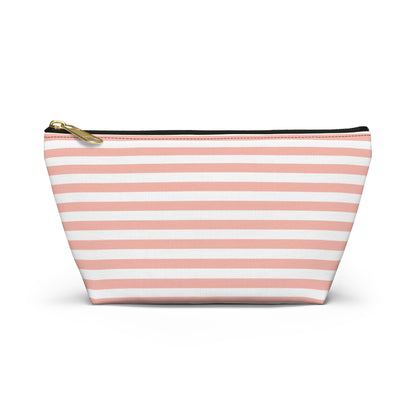 Pretty Coral Pink Stripes Accessory Pouch with T-bottom Classic Pink and White Pouch for Makeup Small Bag for School Supplies Striped Zipper Pouch