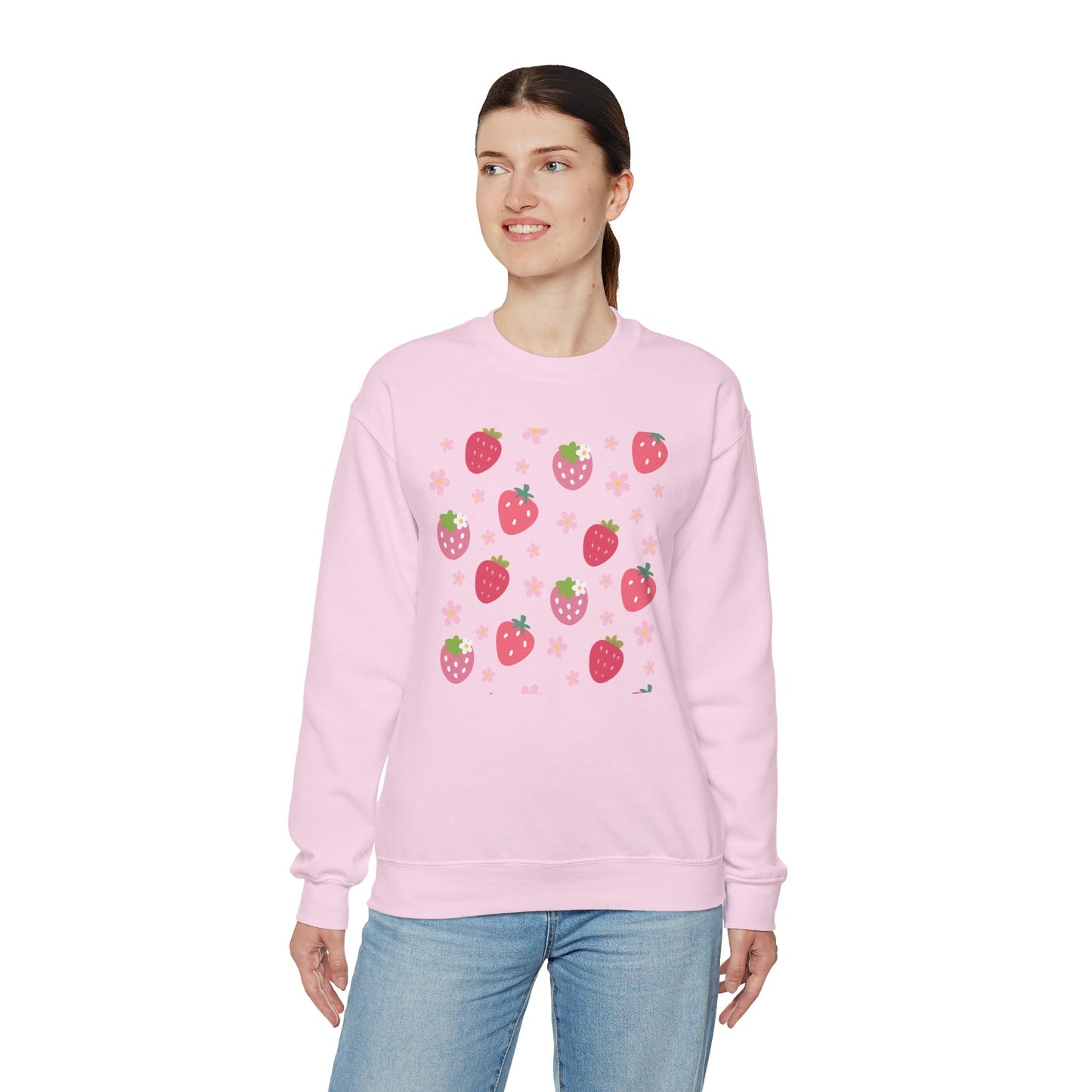 Strawberries and Daisies Crewneck Sweatshirt Cute Casual Strawberry Sweater Pink and Red Fruit Floral Daisy - Sweatshirt - Kristine Celestine