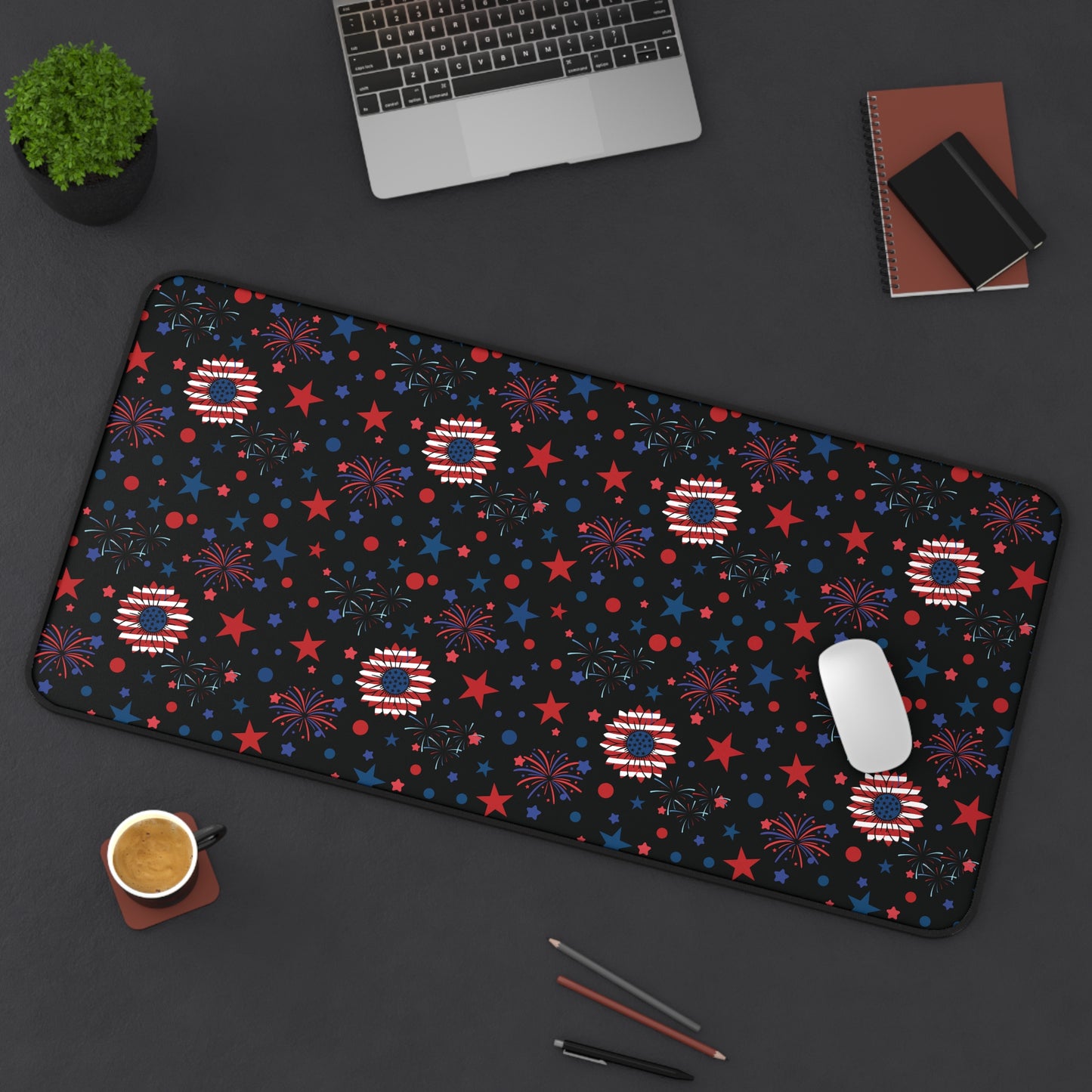 Starry Night America Desk Mat 4th of July Daisy Computer Mat Red White and Blue USA Office Mat