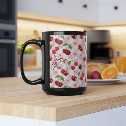 Cherry Checkerboard Black Mug Cool Summer Coffee Mug Tea Cup Spring Ceramic Mug